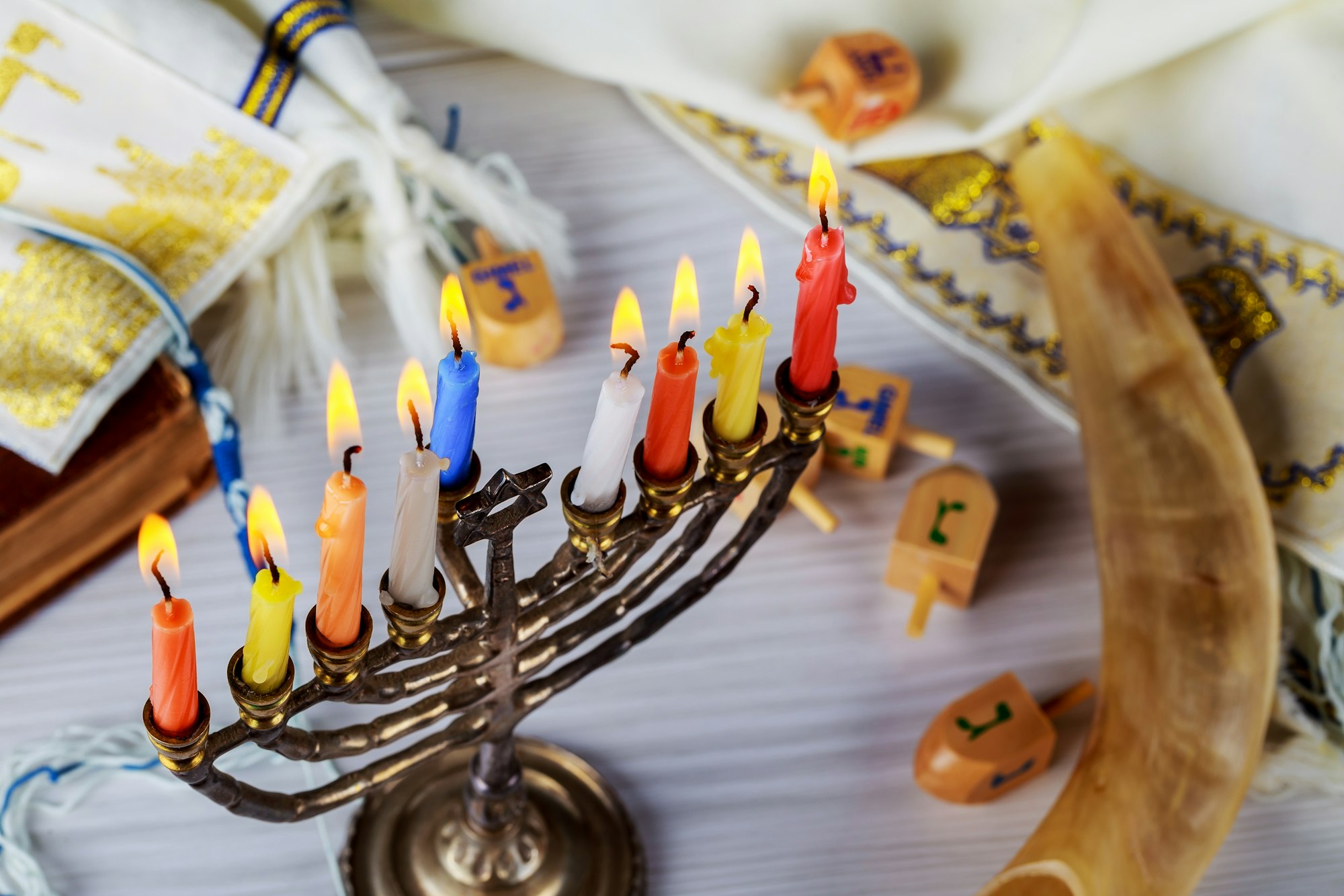 Jewish holiday hannukah symbols - menorah. Copy space background.
